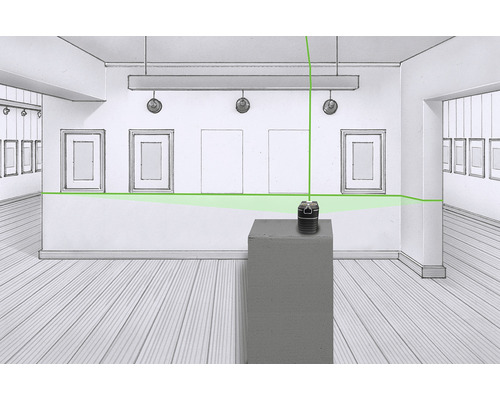 Lasernivelliergerät projiziert grüne Laserlinien im Raum