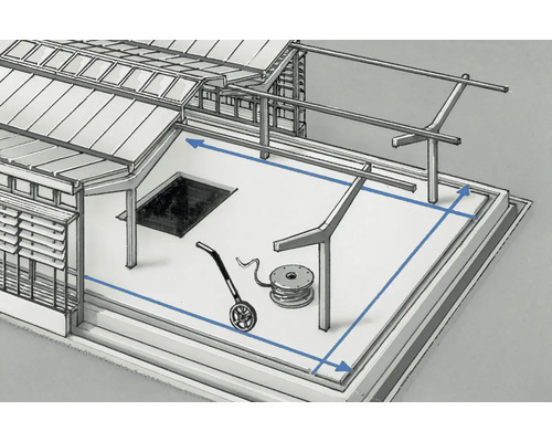 Schéma d''une terrasse avec des lignes de démarcation pour indiquer les dimensions