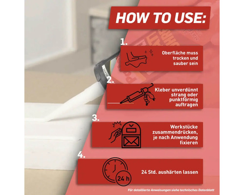 Anleitung zur Verwendung von Montagekleber mit vier Schritten.