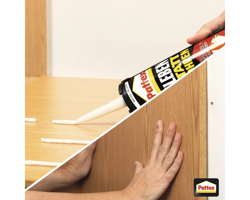 Auftragen von Pattex Montagekleber auf Holzoberfläche