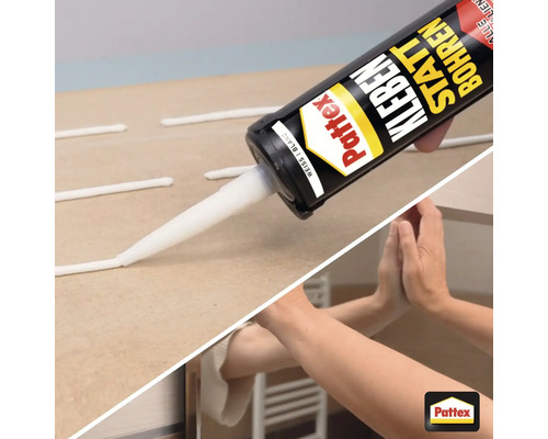 Auftragen von Montagekleber statt Bohren mit Pattex Logo