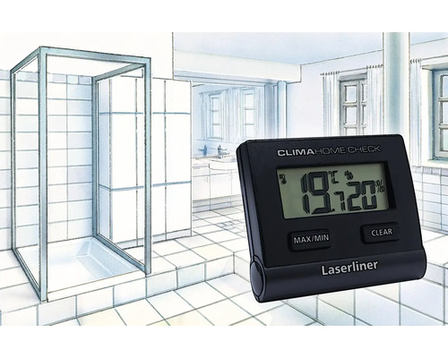Appareil de mesure du climat ambiant Laseliner dans une salle de bains avec cabine de douche, lavabo et fenêtre