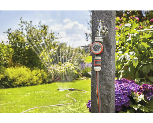 Gartenbewässerungssystem mit Wasserhahn, Bewässerungsuhr und Gartenschlauch im Garten