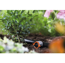 Système d''arrosage de jardin avec goutteur et plantes dans un parterre