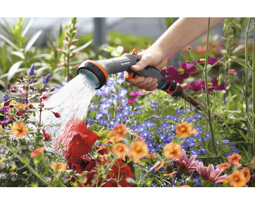 Une main tient un pulvérisateur de jardin et arrose des fleurs.