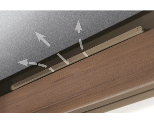 Vue détaillée d''une fenêtre avec système de ventilation et flèches illustrant la circulation de l''air