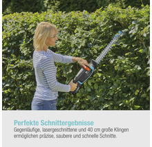 Frau schneidet Hecke mit Heckenschere