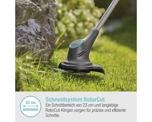 Gardena Akku-Rasentrimmer beim Trimmen von Gras