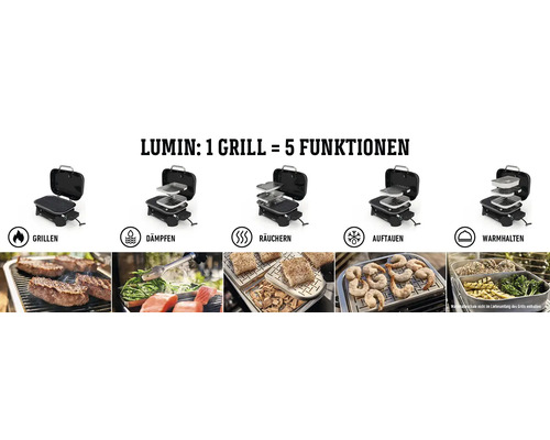 Lumin Elektrogrill mit fünf Funktionen: Grillen, Dämpfen, Räuchern, Auftauen, Warmhalten
