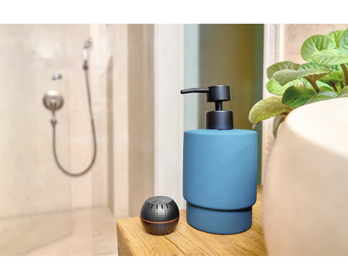 Badezimmerszene mit Seifenspender und Aromatherapie Diffuser auf einem Holztisch