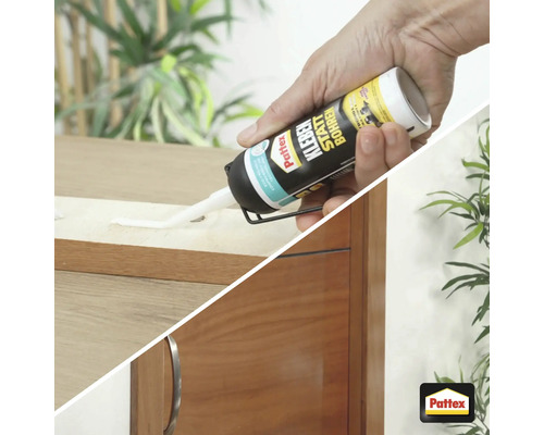 Anwendung von Montagekleber aus der Kartusche auf einem Holzobjekt.