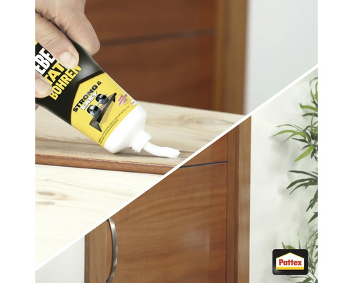 Colle de montage Pattex Coller au lieu de percer 50 g Application de colle de montage d''un tube sur un meuble en bois
