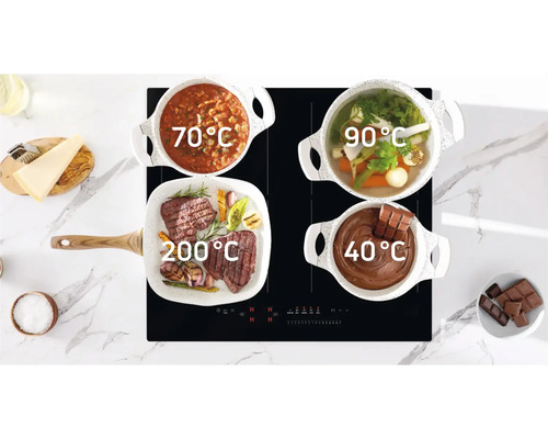 Une table de cuisson noire avec quatre zones de cuisson, chacune avec une casserole ou une poêle indiquant différentes températures.