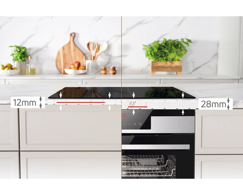 Küchenszene mit Induktionskochfeld und Einbaubackofen mit Maßangaben