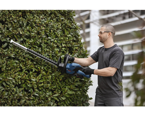 Mann schneidet Hecke mit Akku-Heckenschere