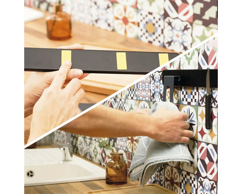 Montage und Nutzung einer Küchenreling mit verschiedenen Küchenutensilien.