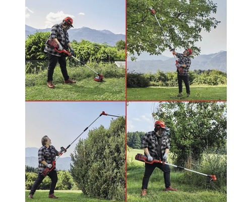 Montage aus Personen, die eine Akku-Motorsense und eine Akku-Teleskop-Heckenschere im Garten verwenden