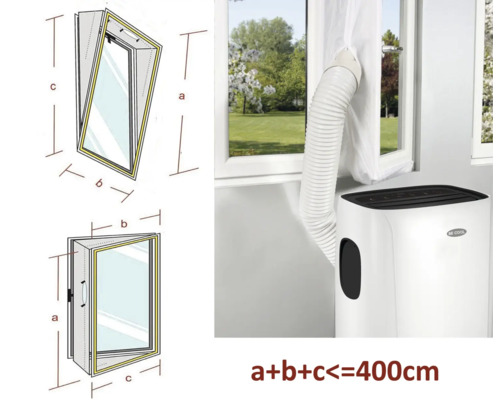 Illustration d''une étanchéité de fenêtre pour climatiseurs avec indication des dimensions.