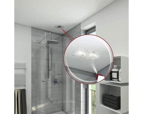 Badezimmer mit Dusche, Regal und Deckenbereich mit Feuchtigkeitsschaden