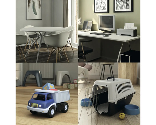 Collage verschiedener Raumszenen: Esszimmer, Büro, Kinderzimmer und Haustierbedarf