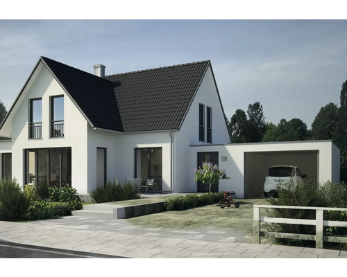 Ansicht eines modernen Einfamilienhauses mit Garage und Garten