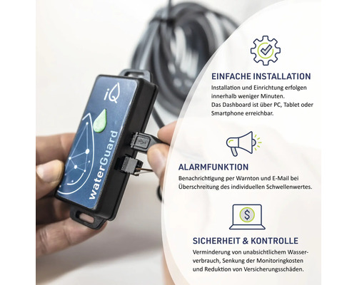 iQ WaterGuard Gerät mit Kabel und Funktionsbeschreibungen