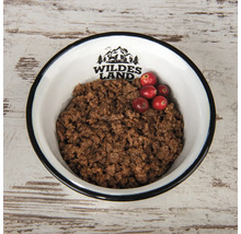 Schüssel mit Nassfutter für Hunde und Preiselbeeren