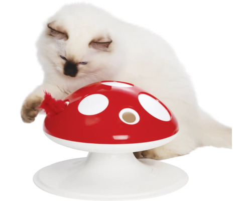 Chat jouant avec un jouet pour chat en forme de champignon.