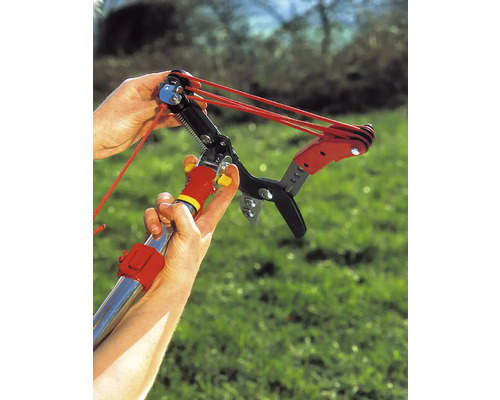 Une personne utilise une ébrancheuse à câble dans le jardin.