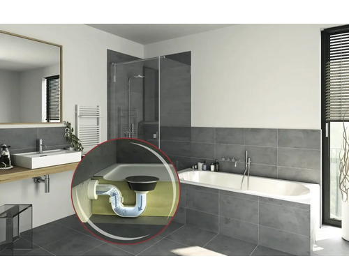 Salle de bains avec baignoire, lavabo et schéma d''un siphon