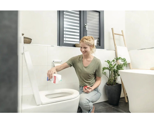 Femme nettoyant les toilettes avec du nettoyant dans une salle de bains avec baignoire