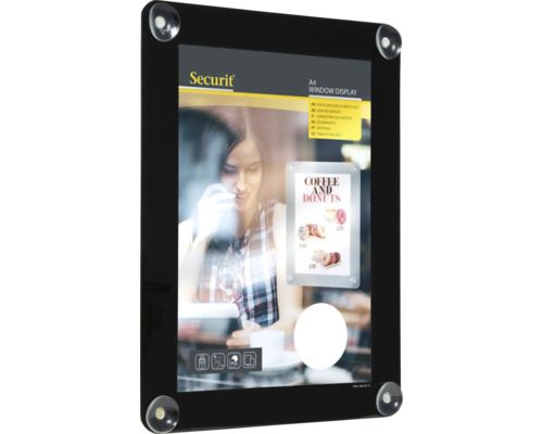 Schaufensterdisplay A4 mit Saugnäpfen zur Befestigung