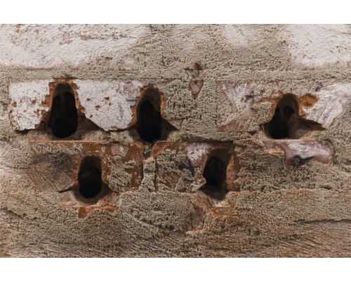 Nahaufnahme einer Lochfassade aus Ziegelsteinen.