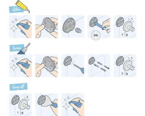 Illustrationsanleitung für die Montage einer Wandhalterung mit Kleber oder Schrauben und Demontage
