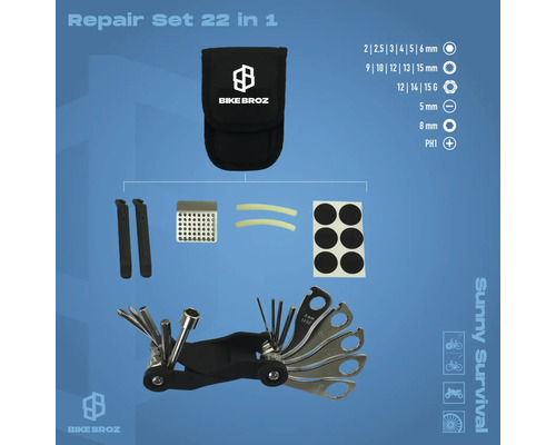 Fahrrad Reparaturset 22 in 1 mit Tasche, Reifenheber, Schleifpapier, Flickzeug und Multitool