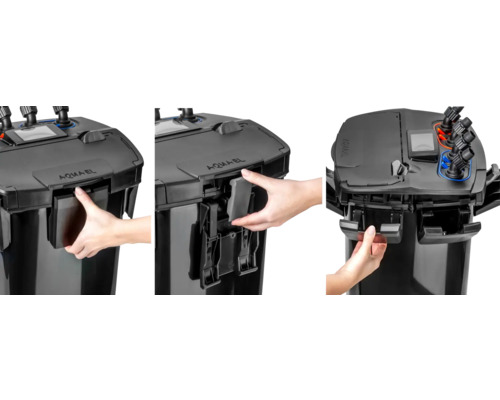 Drei Ansichten eines Aquael Aussenfilters mit Filtermedien und Verschlüssen