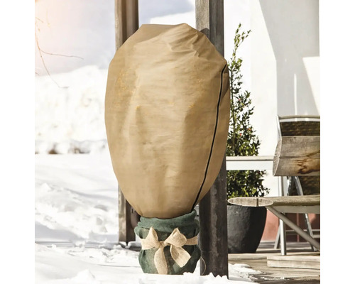 Eingepflanzte Pflanze im Winterschutzsack im Schnee