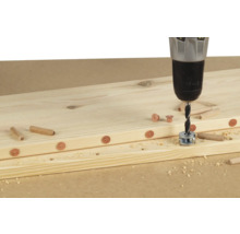 Holzbrett mit Dübeln und Bohrmaschine für Holzverbindungen