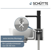 Schütte Logo. Schemazeichnung einer Waschtischarmatur in Schwarz mit Montagehinweisen.