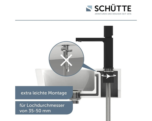Logo Schütte. Schéma d''un robinet de lavabo noir avec instructions de montage.