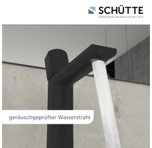 Schwarzer Wasserhahn mit laufendem Wasser und geräuschgeprüftem Wasserstrahl