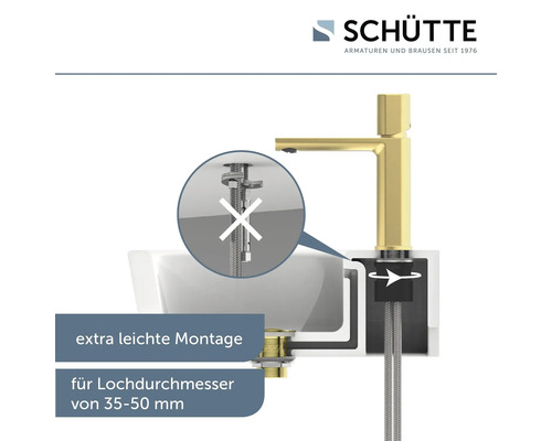 Logo Schütte Armaturen. Illustration du montage d''un robinet sur un lavabo avec les indications montage facile et convient aux diamètres de trou de 35 à 50 millimètres.