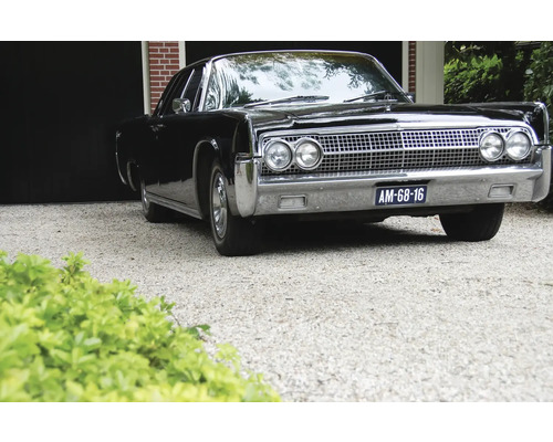 Voiture ancienne noire garée devant un garage