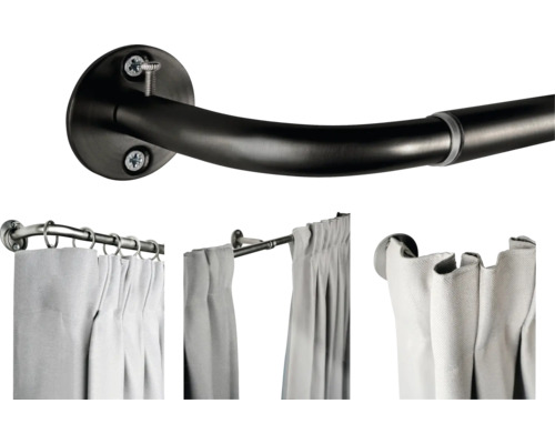 Gardinenstange mit Halterungen und Gardinen