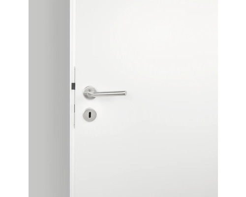 Weiße Innentür mit silberfarbener Türklinke und Schloss