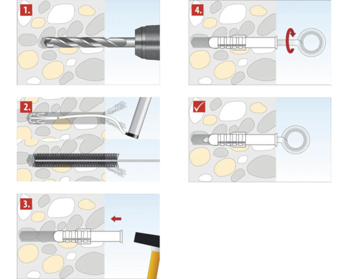 Instructions pour l''installation de chevilles pour charges lourdes en cinq étapes