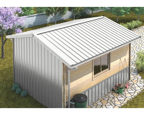 Gartenschuppen mit Metalldach, Holzverkleidung und Fenster