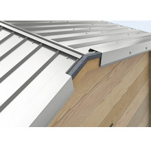 Detailansicht einer Metalldachkonstruktion mit Holzverkleidung.