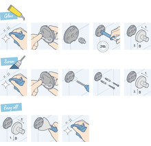 Instructions de montage pour fixation murale avec colle, vis ou démontage facile