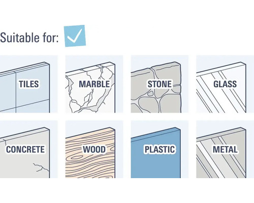 Convient pour carrelage, marbre, pierre, verre, béton, bois, plastique, métal